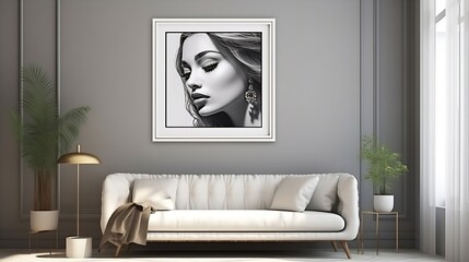 Aesthetic frame line art woman drawing living room decoration : Generative AI