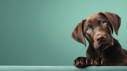 Harrier dog lying on turquoise background while looking up. Cute brown medium-sized puppy dog...