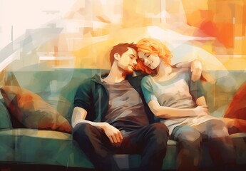 young couple resting on the sofa : Generative AI