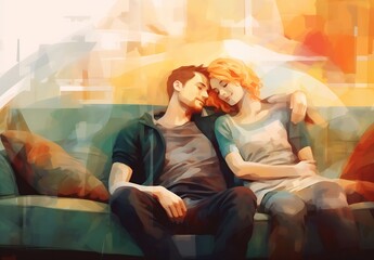 Naklejka premium young couple resting on the sofa : Generative AI