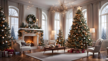 Fototapeta na wymiar Luxurious, stylish and modern living room with Christmas tree