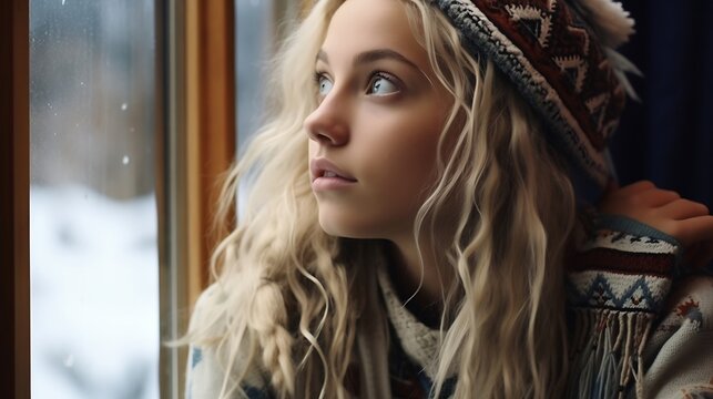 girl in a cosy norwegian jumper looking out the window of a cabin : Generative AI