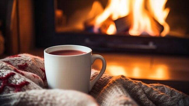 Warm cozy fireplace with real wood burning in it. Magical atmosphere. Cup of hot drink and book ready for evening relax. Cozy winter concept. Christmas and travel background with space : Generative AI