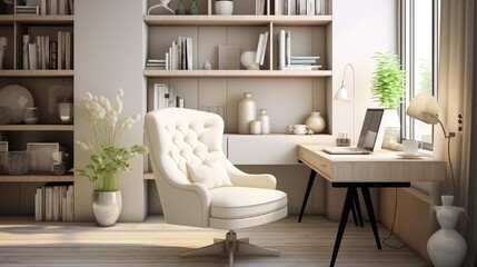Comfortable white chair near desk in stylish office interior - obrazy, fototapety, plakaty