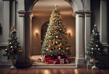 Large and luxurious Christmas tree and house - obrazy, fototapety, plakaty