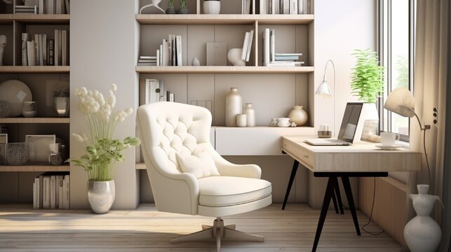 Comfortable white chair near desk in stylish office interior