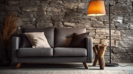 Stylish floor lamp next to a sofa and in front of a natural stone wall casting shadows : Generative AI