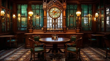 Zelfklevend Fotobehang Art deco interior design of the tavern L'Espérance with stained glass and old furniture : Generative AI © Generative AI
