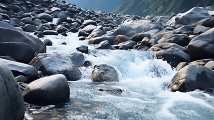 Streams of water between mountain stones in close-up. Beautiful alpine river stream with fast running water and pebbles. Flowing water in a gorgeous scene. Beautiful river rapids. : Generative AI