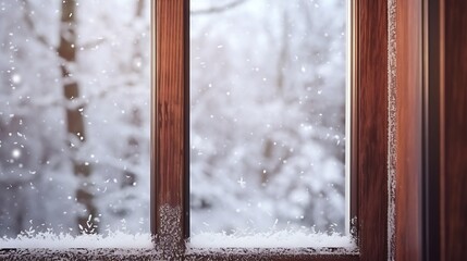 brown PVC window close-up during snowy weather. cozy indoors protected with good quality windows while keeping warm air inside the house. triple-glazed PVC : Generative AI