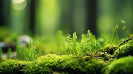Green moss in a bright forest clearing. Seasonal natur background with bokeh and short depth of field. Close-up with space for text. : Generative AI - obrazy, fototapety, plakaty