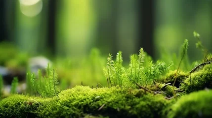 Foto op Plexiglas Green moss in a bright forest clearing. Seasonal natur background with bokeh and short depth of field. Close-up with space for text. : Generative AI © Generative AI