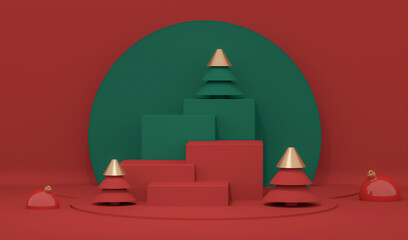 Minimal scene with balls and pine trees, podium. Midnight green, blue, red shapes. For christmas holiday winter concept and magazines, poster, banner. 3D rendering 2024	