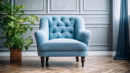 Blue textile armchair standing on wooden parquet floor with white carpet against large window. The concept of vintage interior at living room. Apartment design in the style of the 70s : Generative AI
