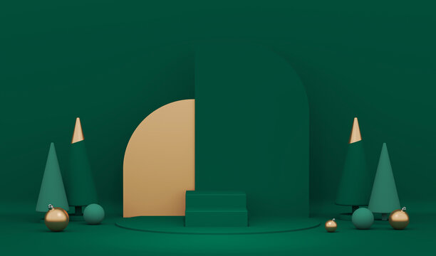 Minimal scene with balls and pine trees, podium. Midnight green, blue, red shapes. For christmas holiday winter concept and magazines, poster, banner. 3D rendering 2024	