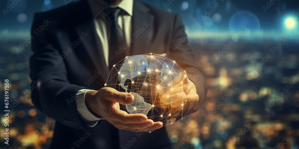 Leinwandbilder Businessman holding global network connection on social networking and customer data analytics, Business strategy and smart intelligence, digital marketing, Technology and global busin : Generative AI