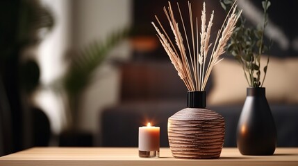 close up of reed diffuser and house plant on wooden table in living room or home office :...