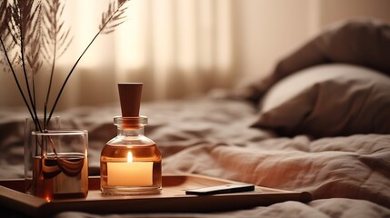 Liquid home fragrance in diffuser with open paper book on coffee table in bedroom indoors close up...