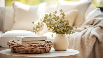 Fototapeta na wymiar Wicker tray and open book close to eucalyptus branch in ceramic vase on side table. Bohemian design of living room with beige soft chair with cushion and white plaid : Generative AI