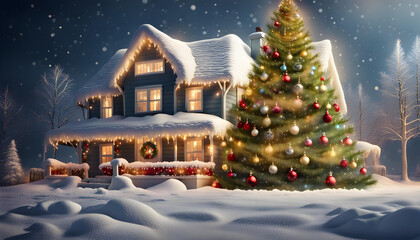 Fototapeta premium Large and luxurious Christmas tree and house