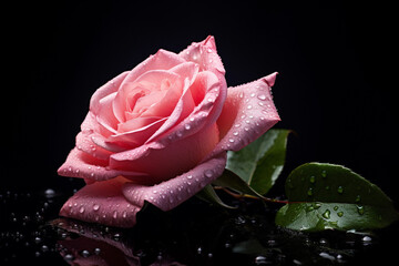 A single pink rose with water droplets on a black background