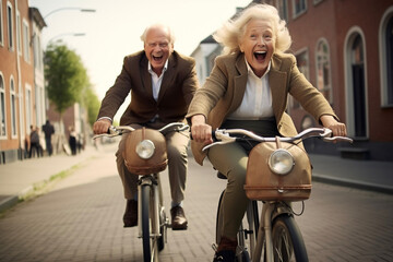 Cheerful active senior couple riding bicycle in a city.