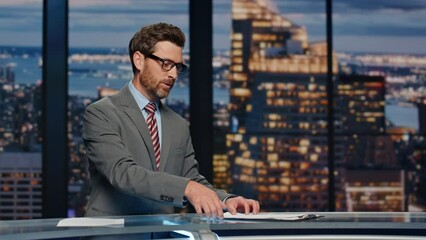 Smiling newscaster reporting newscast multimedia channel closeup. Daily news
