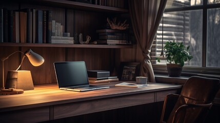 Dark tone office workplace. Wooden work desk with laptop and documents, modern interior of cozy cabinet, comfortable workspace, workplace with computer in home