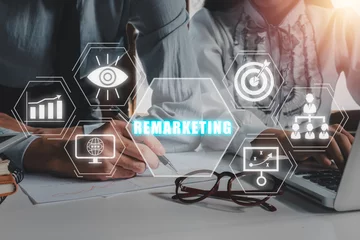 Cercles muraux Chemin de fer Remarketing concept, Business team analyzing income charts and graphs with remarketing icon on virtual screen, social media marketing, content marketing, interest, awareness.