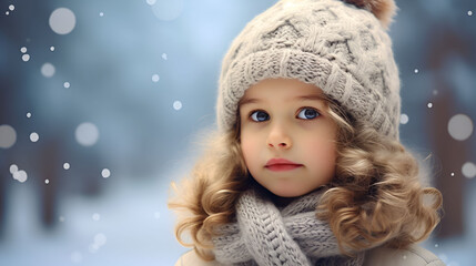 A Portrait of little girl in snowy background, winter season