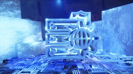DATA TECHNOLOGY 3D, SECURITY, MODERN, Network Symbol Blue, Futuristic Concept, blue background, Office, WEB, metallic walls.
