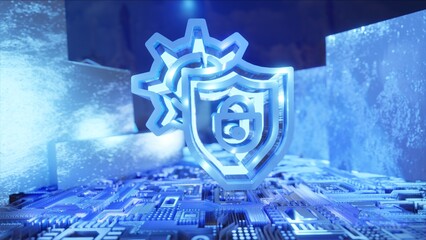PADLOCK SHIELD TECHNOLOGY 3D, SECURITY, MODERN, Network Symbol Blue, Futuristic Concept, blue background, Office, WEB, metallic walls.
