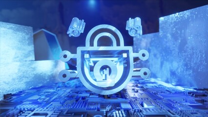 PADLOCK TECHNOLOGY 3D, SECURITY, MODERN, Network Symbol Blue, Futuristic Concept, blue background, Office, WEB, metallic walls.
