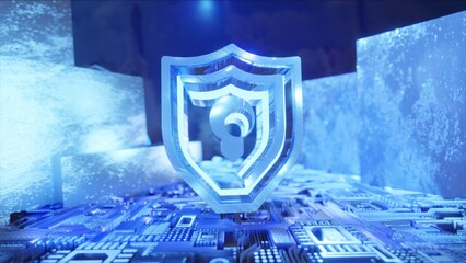 THINK TECHNOLOGY 3D, SECURITY, MODERN, Network Symbol Blue, Futuristic Concept, blue background, Office, WEB, metallic walls.