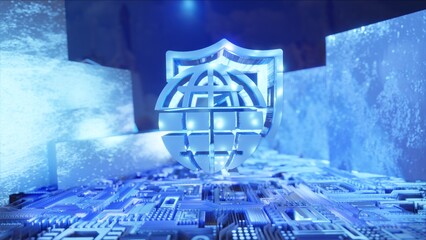 WORLD SHIELD TECHNOLOGY 3D, SECURITY, MODERN, Network Symbol Blue, Futuristic Concept, blue background, Office, WEB, metallic walls.