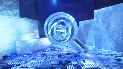 SEARCH TECHNOLOGY 3D, SECURITY, MODERN, Network Symbol Blue, Futuristic Concept, blue background, Office, WEB, metallic walls.