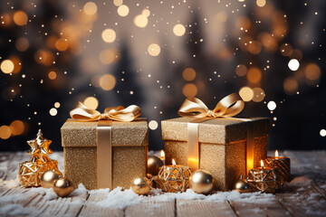 Christmas background seamless, gift boxes, golden ball, snowflakes.
