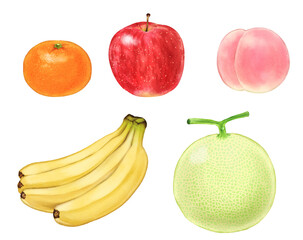 Fruits (melon, banana, mandarin orange, apple, peach) painted with digital watercolor