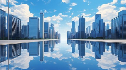Against the backdrop of a clear, cerulean sky, skyscrapers assert their presence, their reflective surfaces mirroring the serenity of the natural world in perfect symmetry