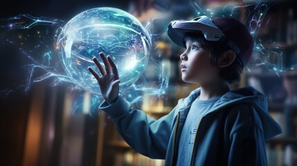 Child boy wearing virtual reality headset and looking at digital space system with planets or Universes. Space exploration with augmented reality glasses. She is sitting on flor at childroom.	