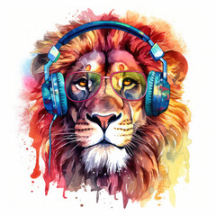 Dj lion with headphones and sunglasses Illustration, Generative Ai