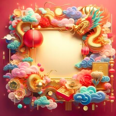 Chinese New Year Template with Dragon Frame and Lanterns, Flowers, Chinese Decorations 3D Background with blank copy space red color, AI Generative