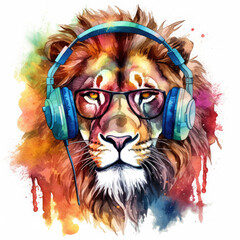 Dj lion with headphones and sunglasses Illustration, Generative Ai