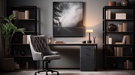 Fancy interior design of home office space with stylish chair, desk, commode, black mock up poster frame, lapatop, book, desk organizer and elegant presonal accessories in home decor