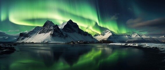 Northern lights over snowy mountain range with reflection in water