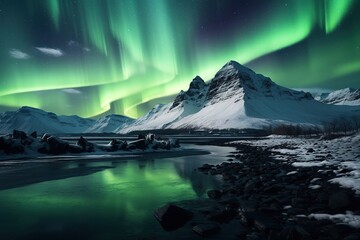 Naklejka premium Northern lights over snowy mountain range with reflection in water