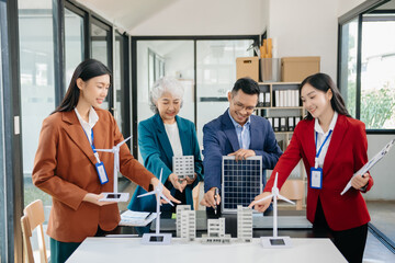 Discussion among businesspeople on the latest developments in solar cell panel technology and Solar Energy Environment city Concept.