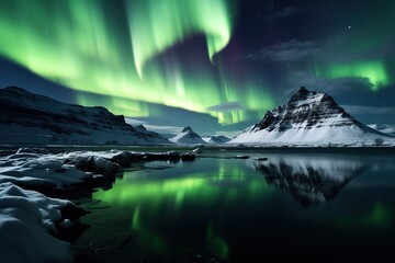 Naklejka premium Northern lights over snowy mountain range with reflection in water
