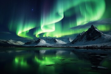 Northern lights over snowy mountain range with reflection in water - obrazy, fototapety, plakaty