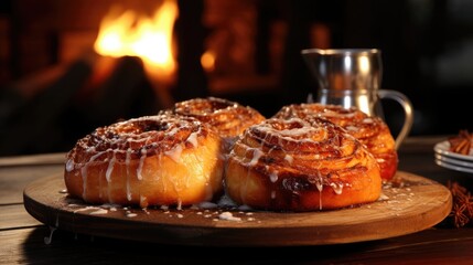 Delicious sweet fresh beautiful baked goods bun cinnabon dessert on the table in a bakery or cafe